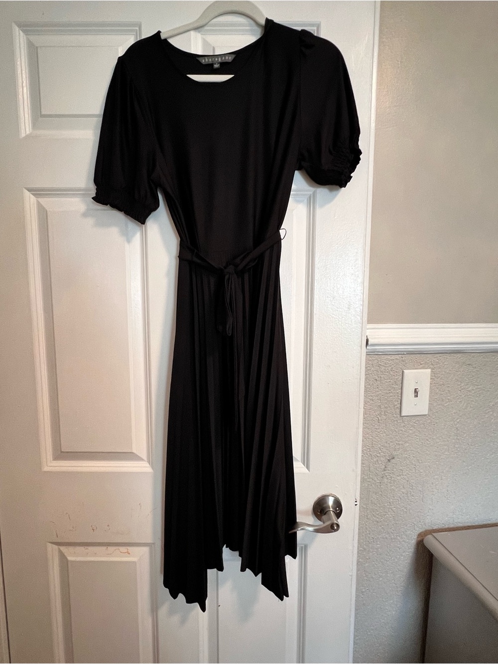Sharagano Black Midi Dress with Puff Sleeves and Waist Tie